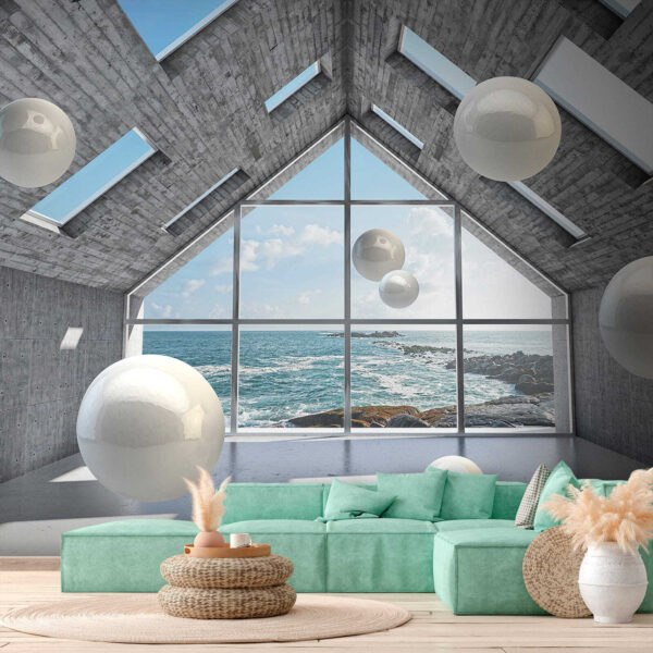 Room with white balls floating in the air Room with white balls floating in the air
