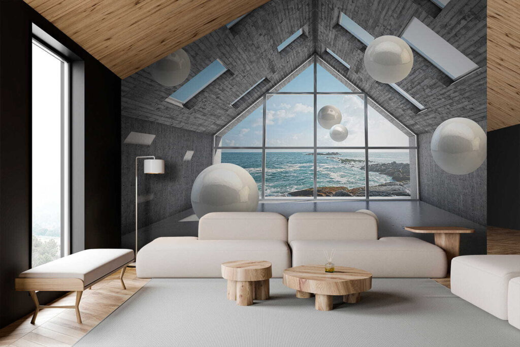 Room with white balls floating in the air Room with white balls floating in the air