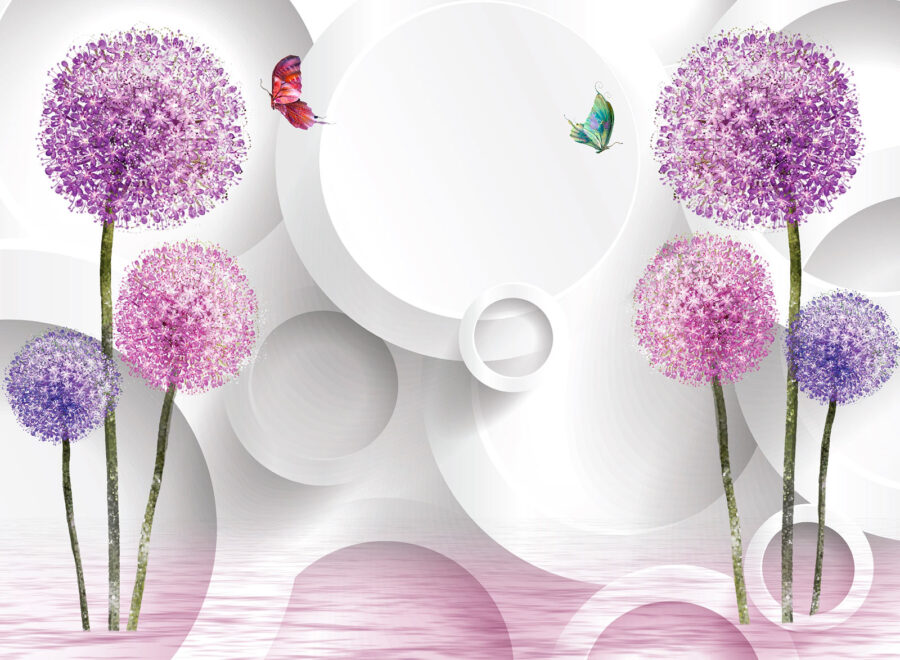 Behang met paarse bloemen en vlinders