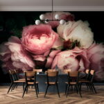 Zwart-wit schilderij van een persoon’s hoofd Fotobehang Groep roze en witte rozen
