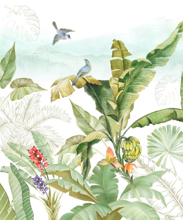 Schilderij van een bananenboom en vogels Schilderij van een bananenboom en vogels