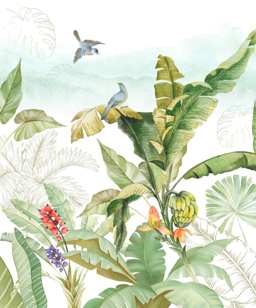 Schilderij van een bananenboom en vogels Schilderij van een bananenboom en vogels