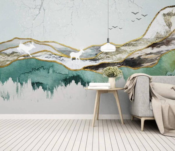 Schilderij van een hert en bergen Schilderij van een hert en bergen