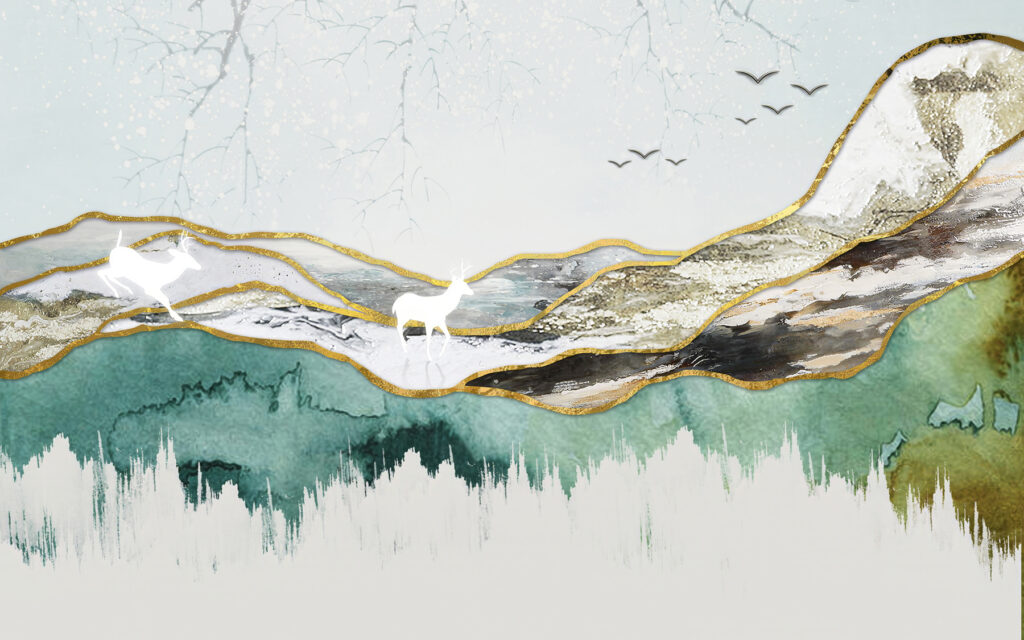 Schilderij van een hert en bergen Schilderij van een hert en bergen