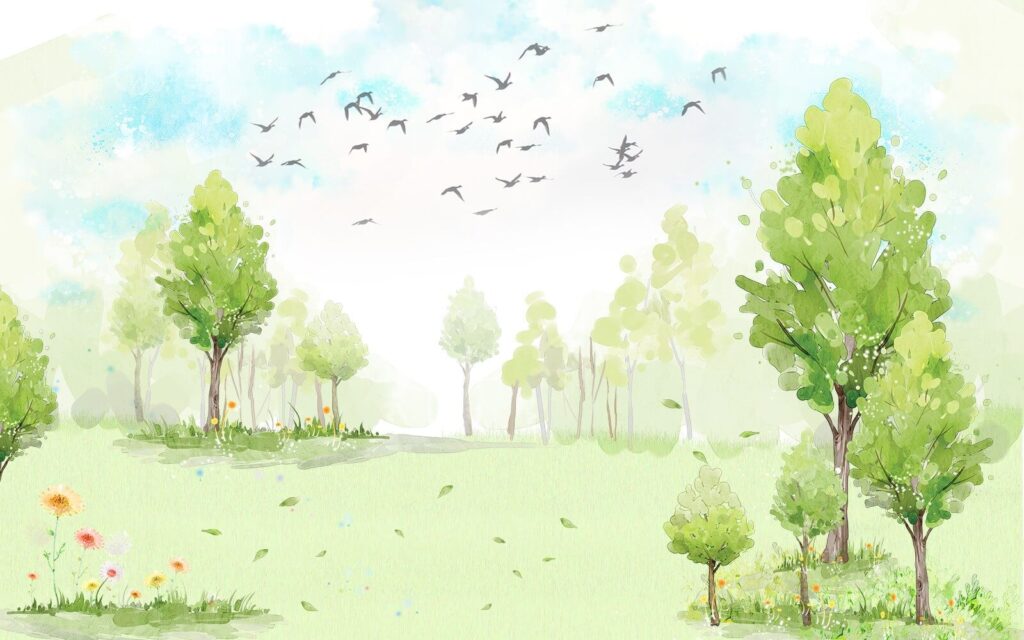 Groen veld met bomen en vogels in de lucht Groen veld met bomen en vogels in de lucht