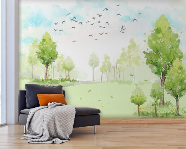 Groen veld met bomen en vogels in de lucht u02064pig25 600x480 - Groen veld met bomen en vogels in de lucht - tegory