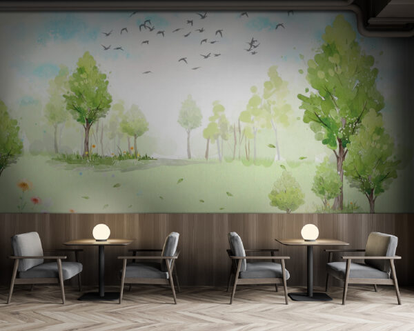 Groen veld met bomen en vogels in de lucht u02064piz137m 600x480 - Groen veld met bomen en vogels in de lucht - tegory