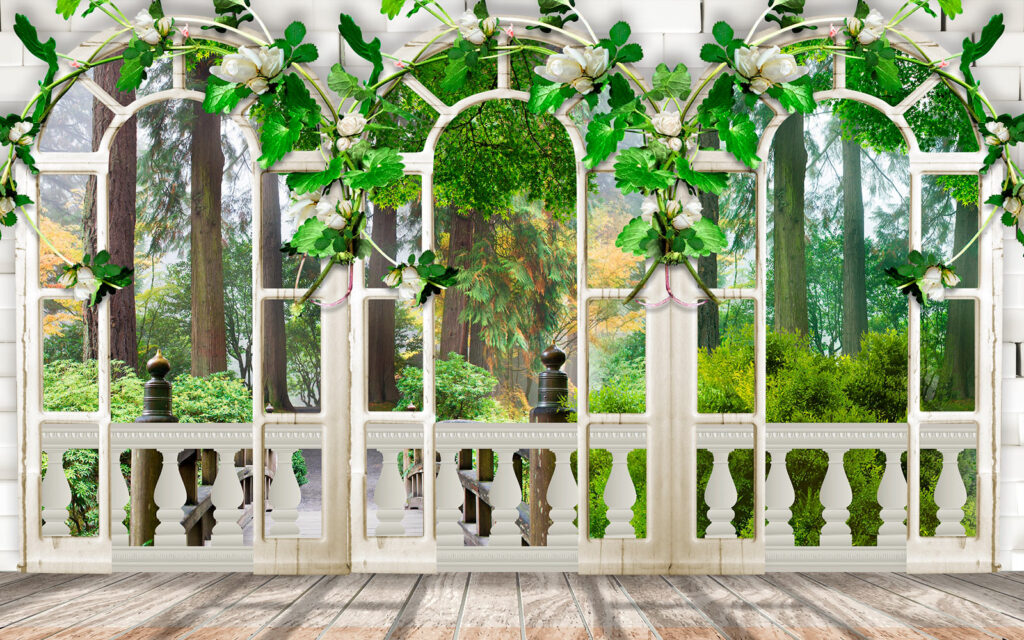 Witte deur met witte bloemen en groene bladeren Witte deur met witte bloemen en groene bladeren