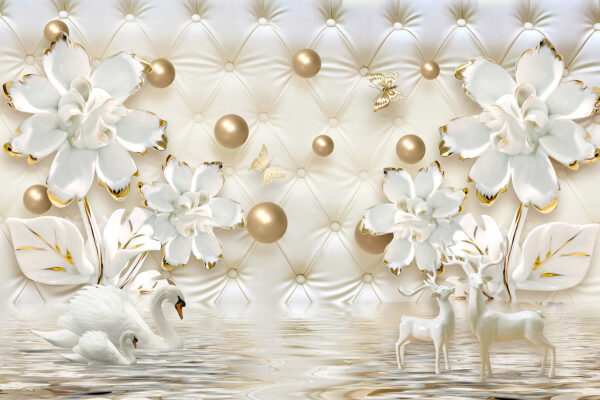 Behang met witte bloemen en zwanen Behang met witte bloemen en zwanen