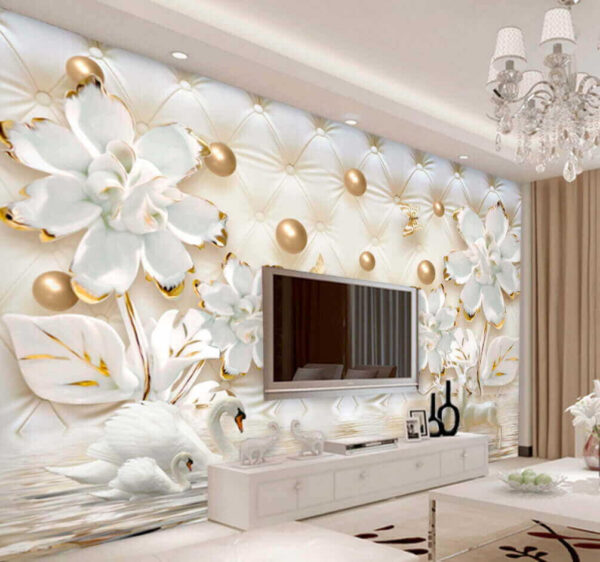 Behang met witte bloemen en zwanen Behang met witte bloemen en zwanen