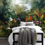 Fotobehang Schilderij van een bos met bloemen