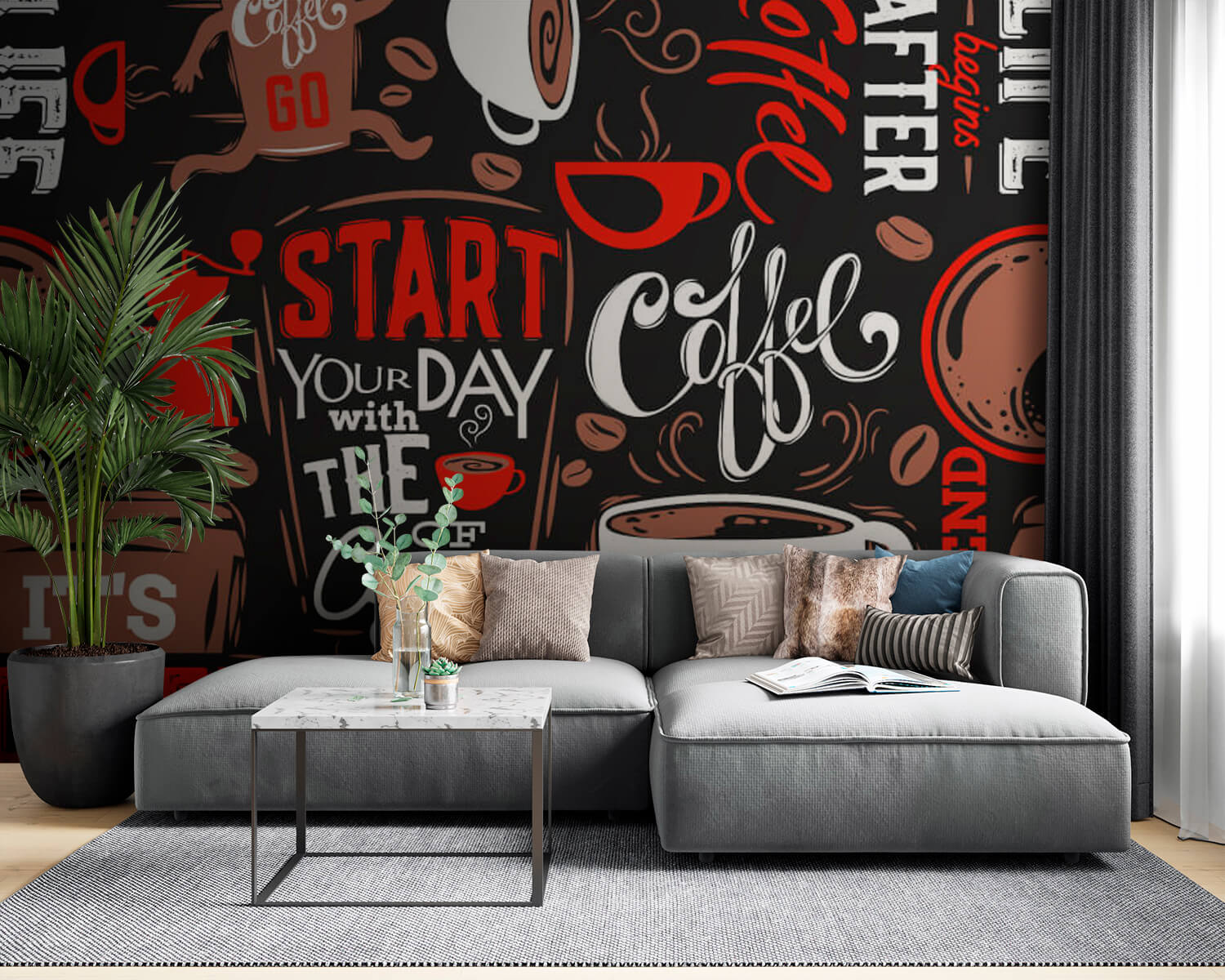 Patroon van koffiekopjes en koffiebonen u03080pig53m - Patroon van koffiekopjes en koffiebonen - tegory