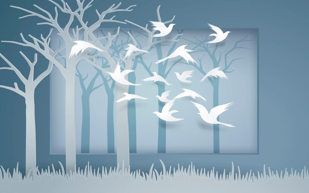 Papieren knipsels van vogels die in de lucht vliegen Papieren knipsels van vogels die in de lucht vliegen