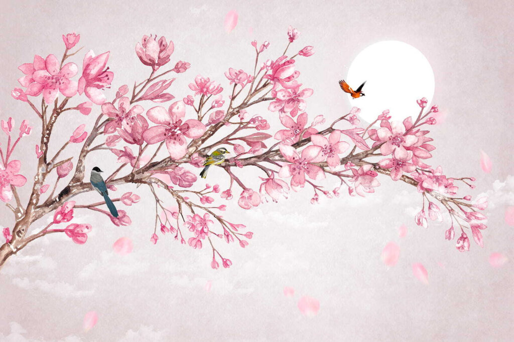 Schilderij van een tak met roze bloemen en vogels Schilderij van een tak met roze bloemen en vogels
