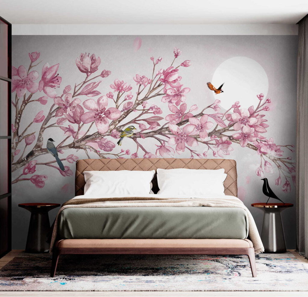 Painting of a branch with pink flowers and birds