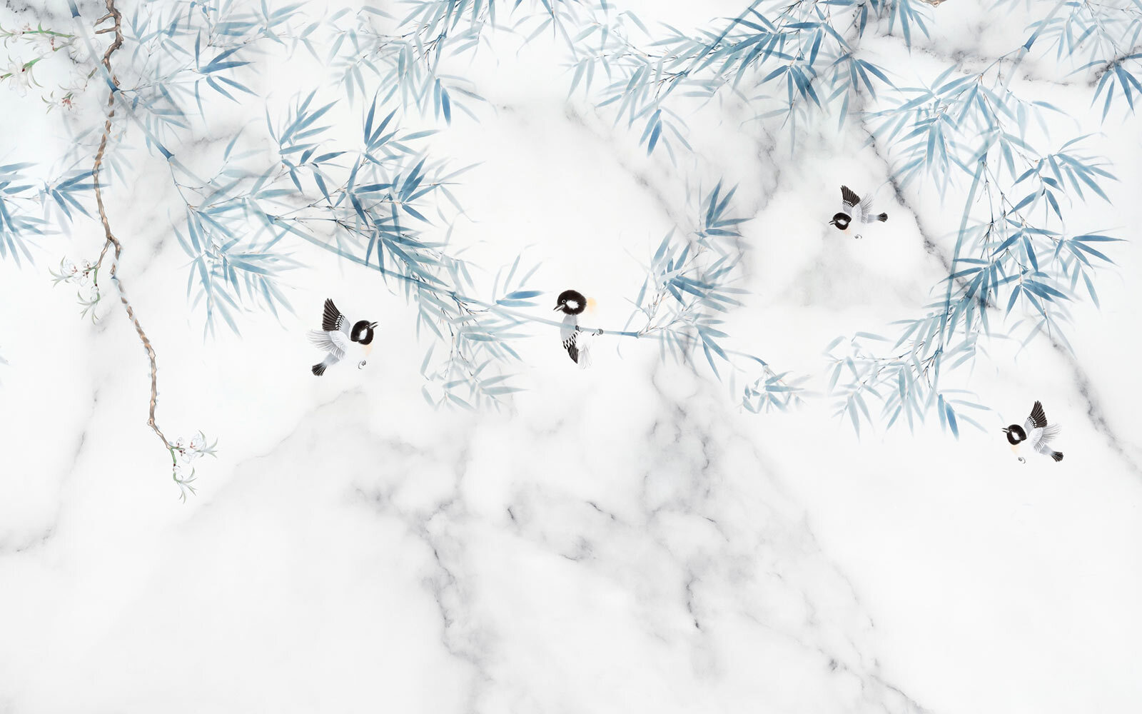 u05360p - Wit marmeren oppervlak met blauwe bladeren en vogels - tegory