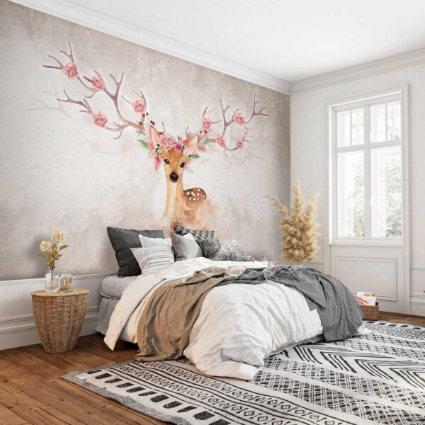 Aquarel van een hert met bloemen op de horens Aquarel van een hert met bloemen op de horens