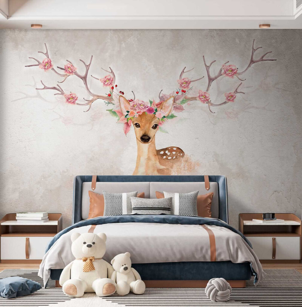 Watercolor of a deer with flowers on horns