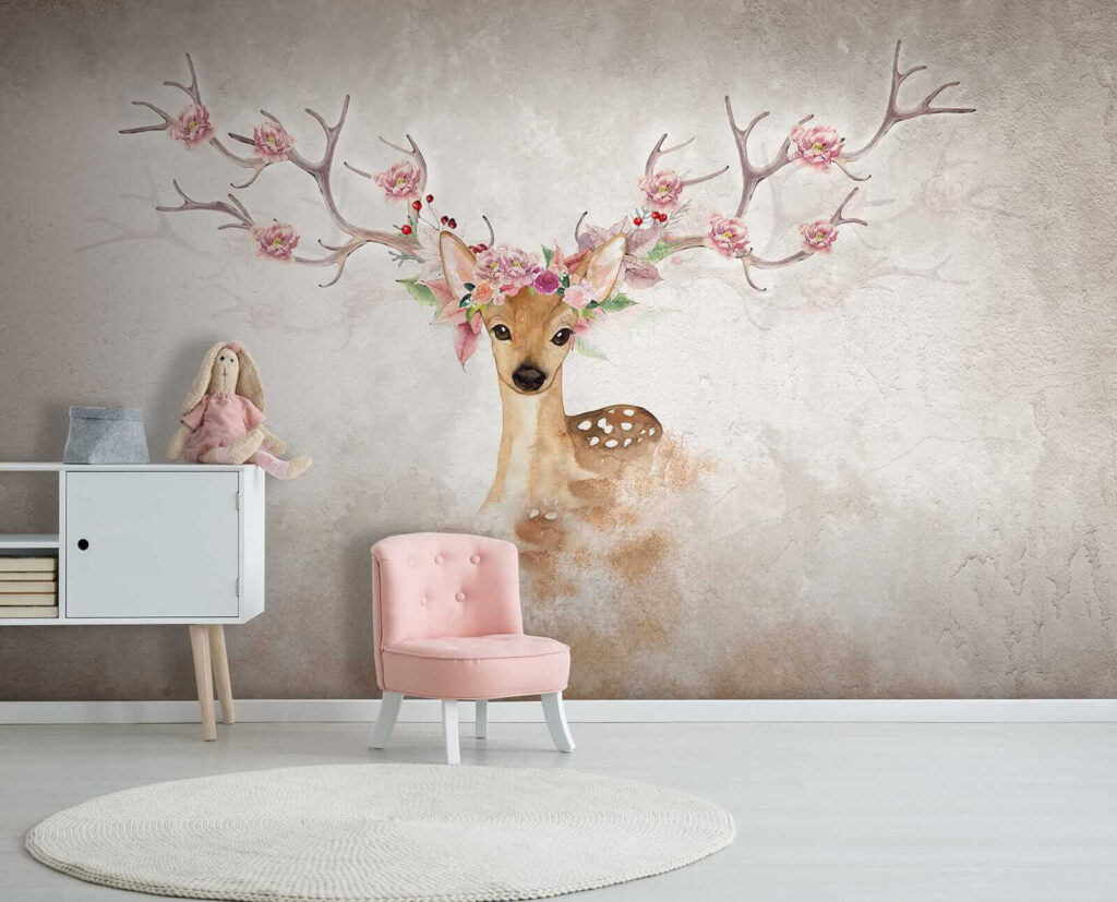 Watercolor of a deer with flowers on horns