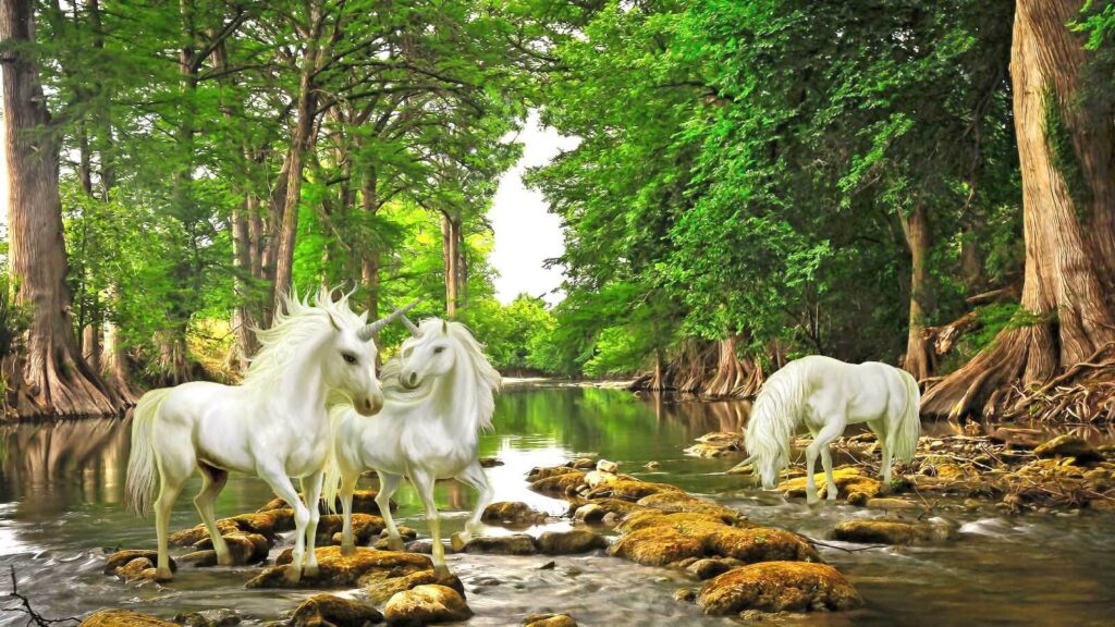Groep witte eenhoorns in een rivier Groep witte eenhoorns in een rivier