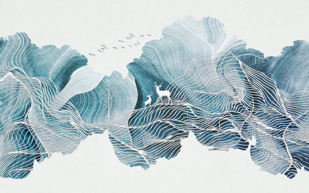 Tekening van een landschap met vogels Tekening van een landschap met vogels