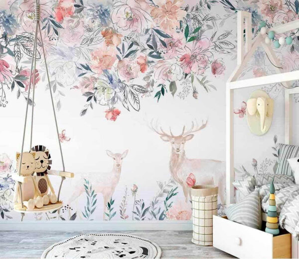 Schilderij van een hert en bloemen Schilderij van een hert en bloemen