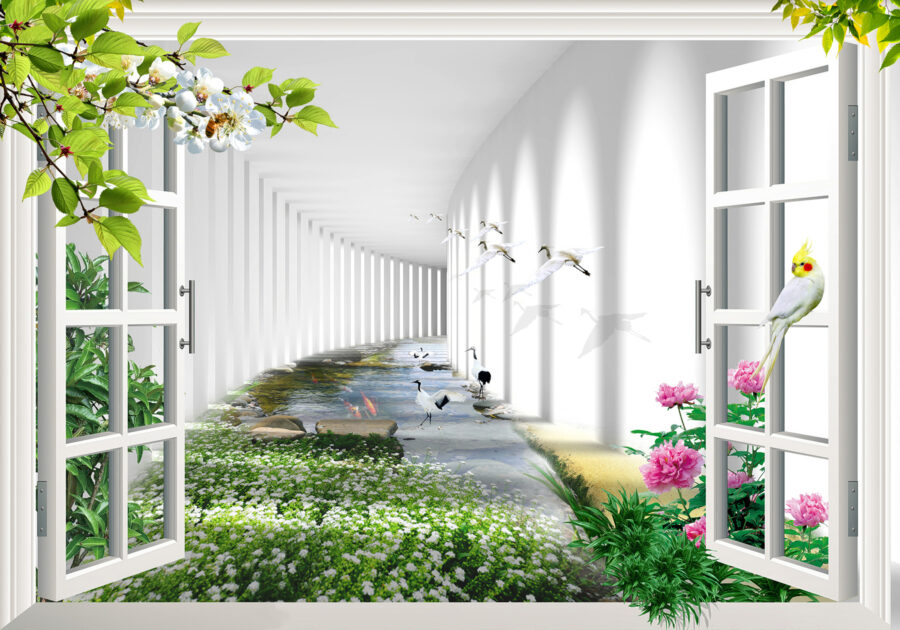 Raam met uitzicht op een vijver en bloemen