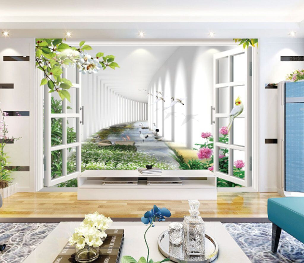 Raam met uitzicht op een vijver en bloemen u06326pig1m - Raam met uitzicht op een vijver en bloemen - tegory