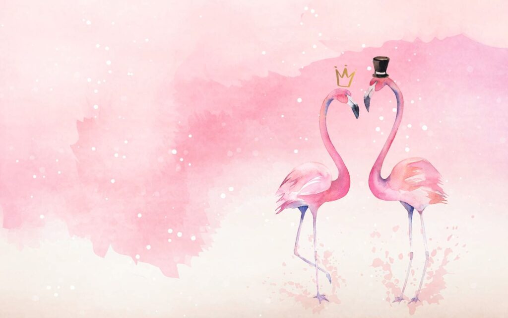Twee flamingo's met kroon en kroontje op hun hoofd Twee flamingo's met kroon en kroontje op hun hoofd