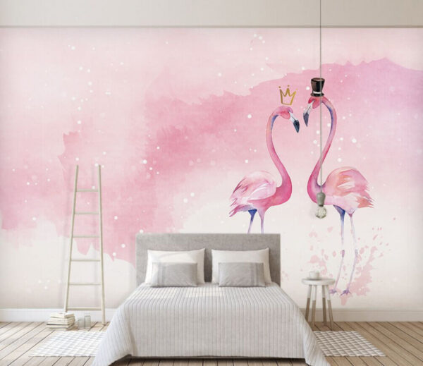 Twee flamingo's met kroon en kroontje op hun hoofd Twee flamingo's met kroon en kroontje op hun hoofd