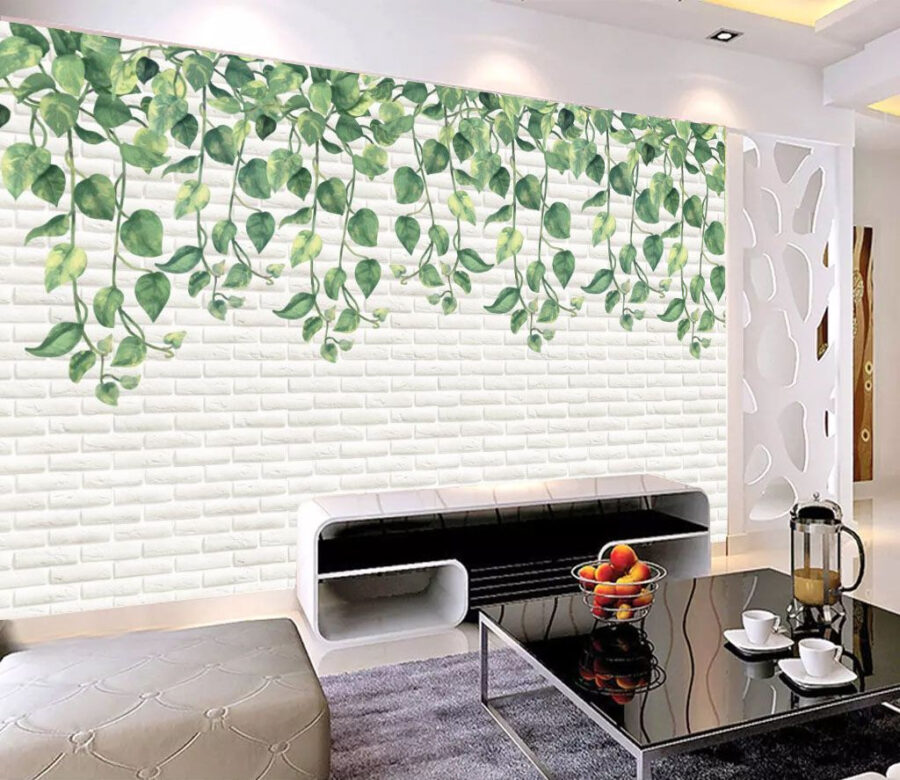 Witte bakstenen muur met groene bladeren Witte bakstenen muur met groene bladeren