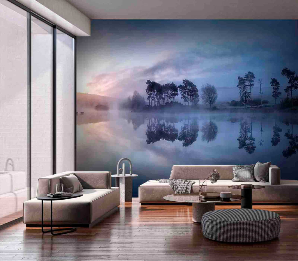 Foggy lake with trees and a blue sky Foggy lake with trees and a blue sky