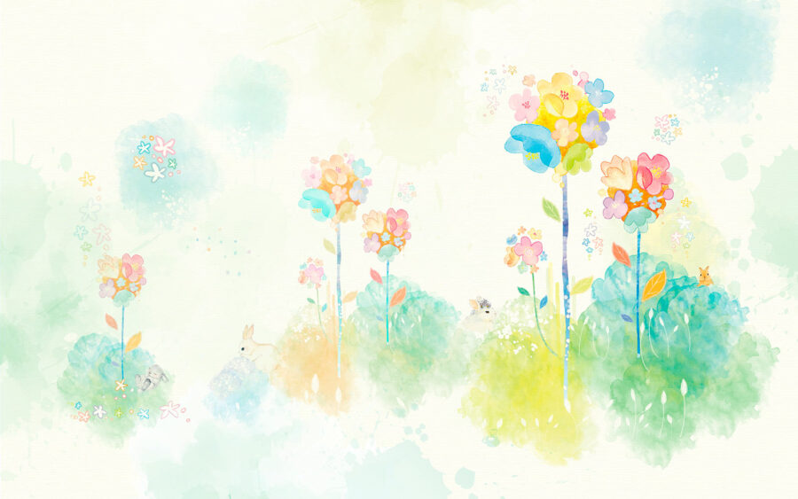 Aquarel van bloemen en konijnen