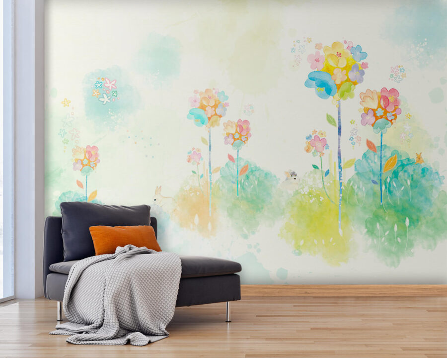 Aquarel van bloemen en konijnen