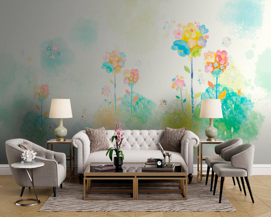 Aquarel van bloemen en konijnen