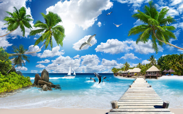 Houten aanlegsteiger met palmbomen en een strand met boten en dolfijnen Houten aanlegsteiger met palmbomen en een strand met boten en dolfijnen