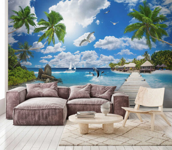 Houten aanlegsteiger met palmbomen en een strand met boten en dolfijnen Houten aanlegsteiger met palmbomen en een strand met boten en dolfijnen