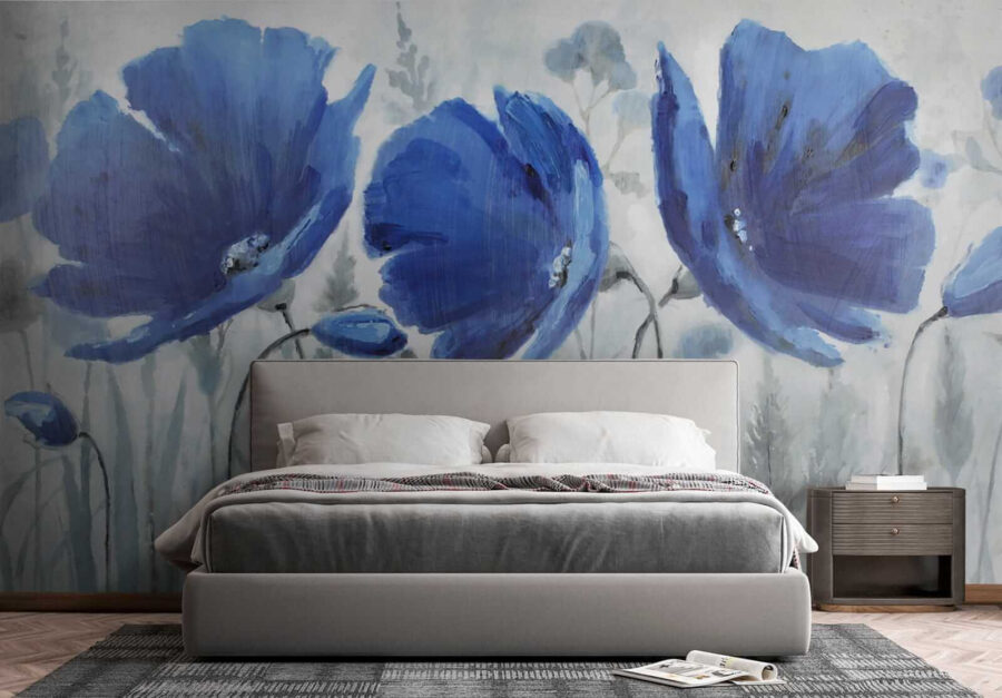 Fotobehang Schilderij van blauwe bloemen - Afbeelding 2