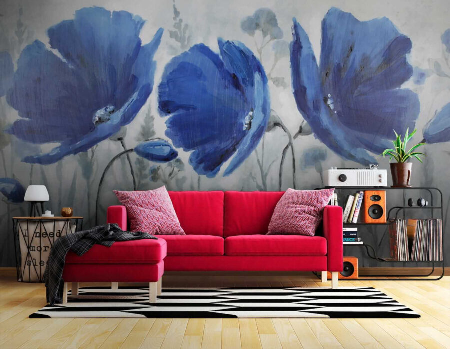 Fotobehang Schilderij van blauwe bloemen - Afbeelding 4