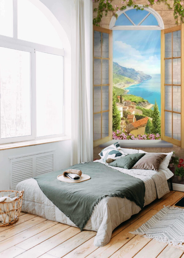 Window with a view of a town and a body of water Window with a view of a town and a body of water