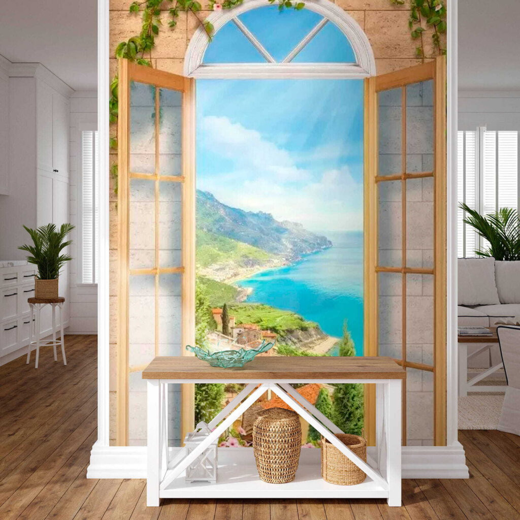 Window with a view of a town and a body of water Window with a view of a town and a body of water