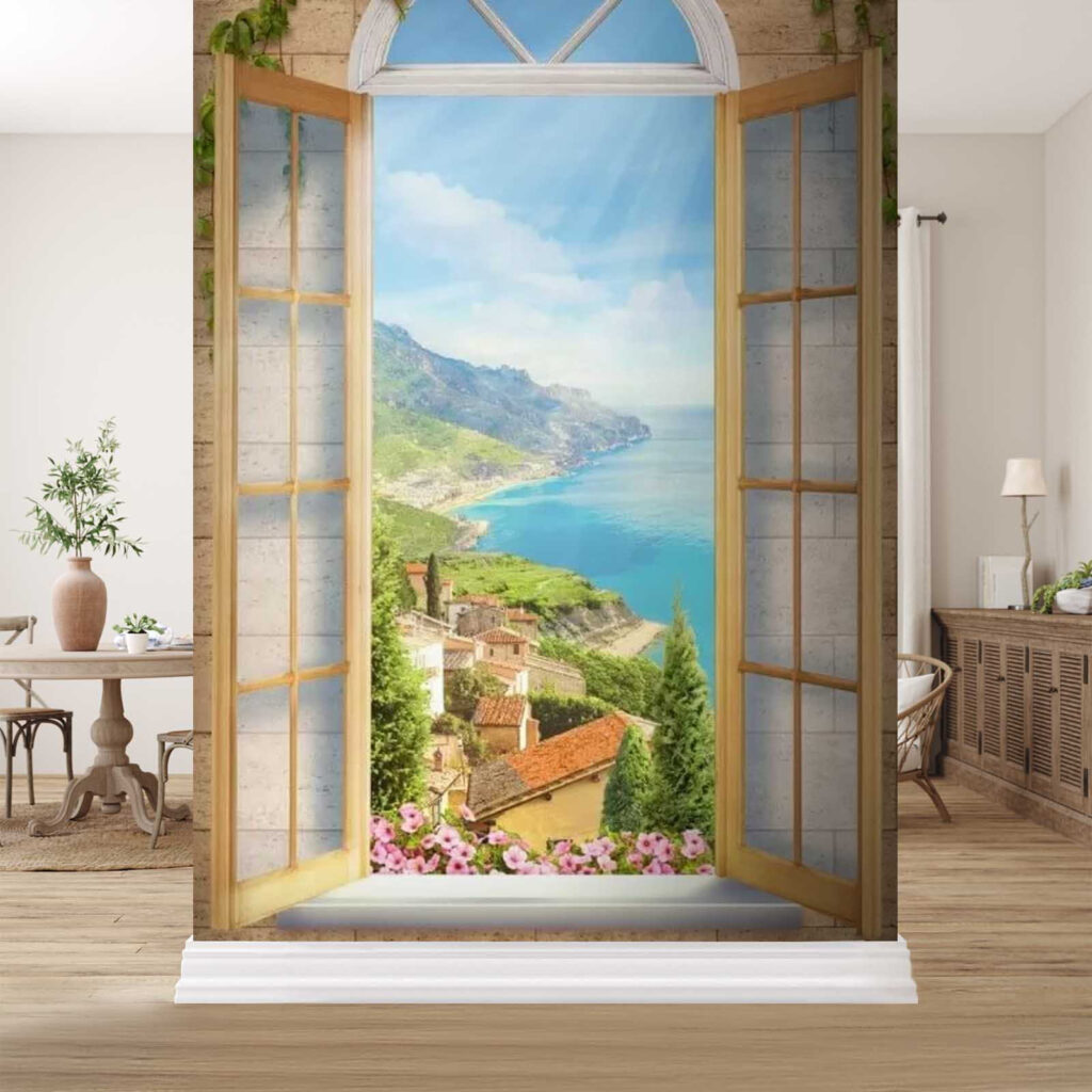 Window with a view of a town and a body of water Window with a view of a town and a body of water