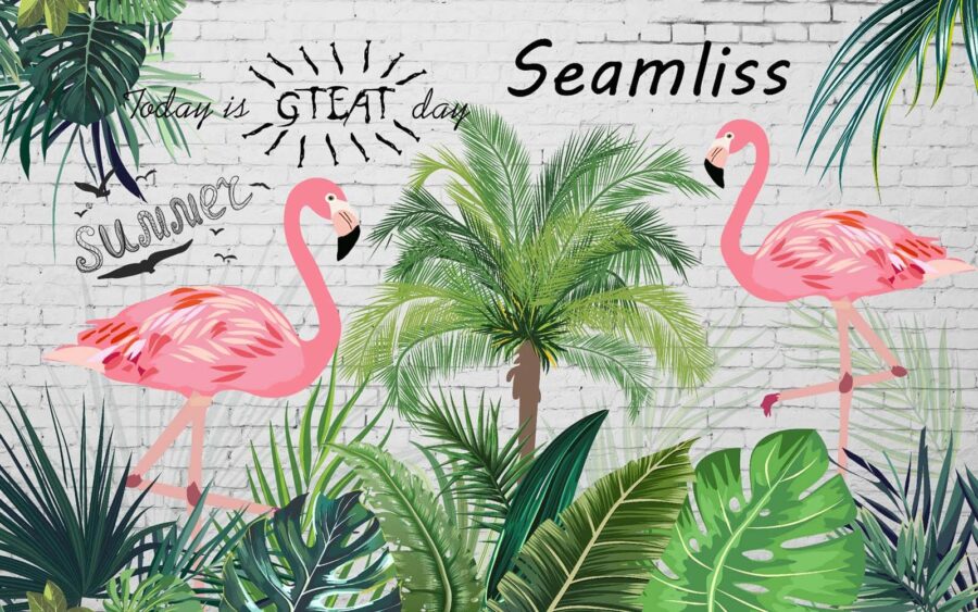 Muur met flamingo's en palmbomen