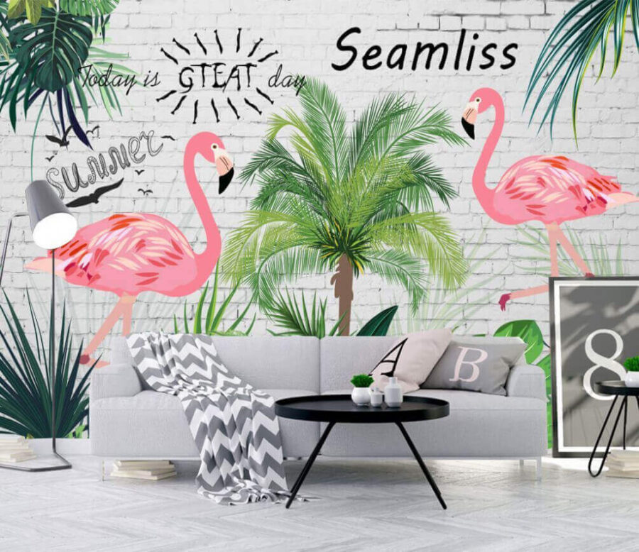 Muur met flamingo's en palmbomen