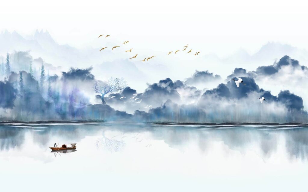 Schilderij van een boot in het water met vliegende vogels in de lucht Schilderij van een boot in het water met vliegende vogels in de lucht
