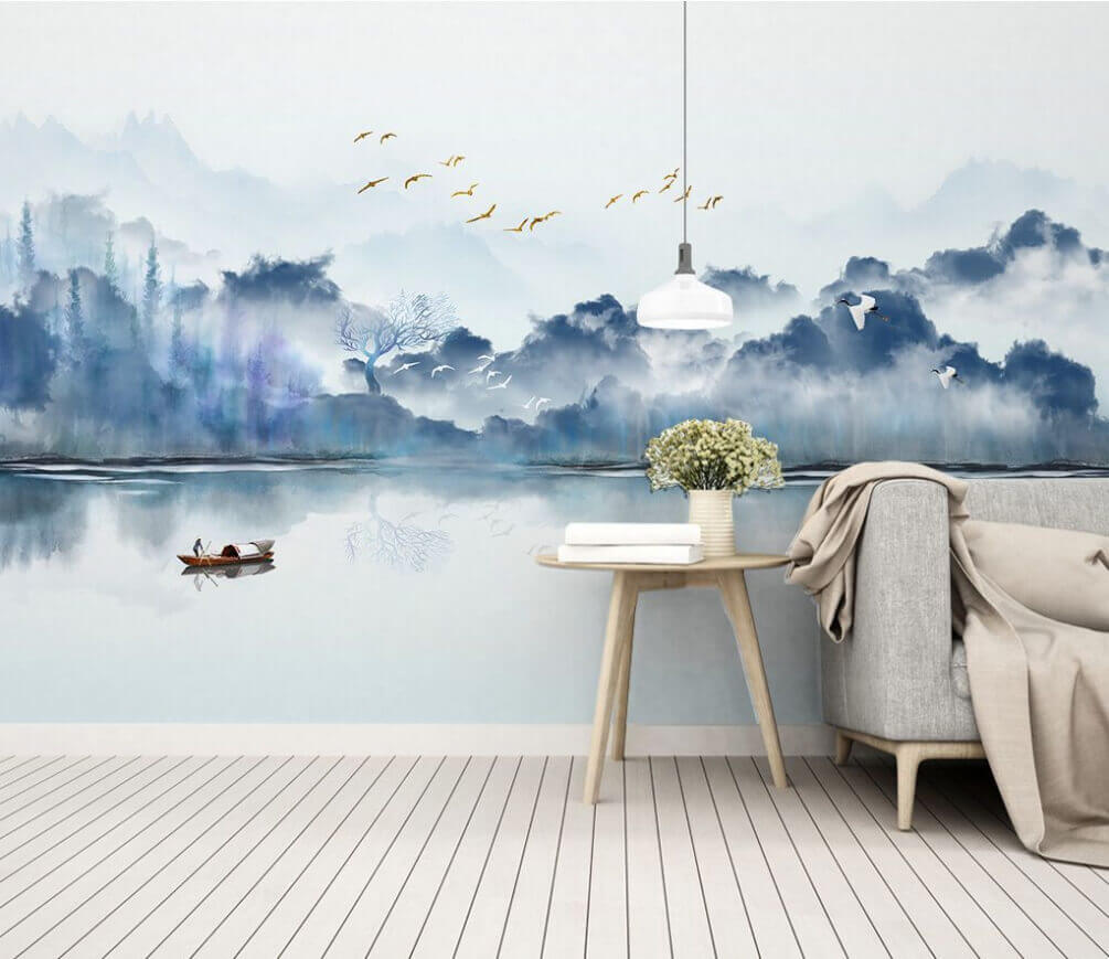 Schilderij van een boot in het water met vliegende vogels in de lucht u07345pig1m - Schilderij van een boot in het water met vliegende vogels in de lucht - tegory