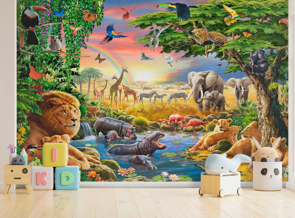 Group of animals in a river Group of animals in a river