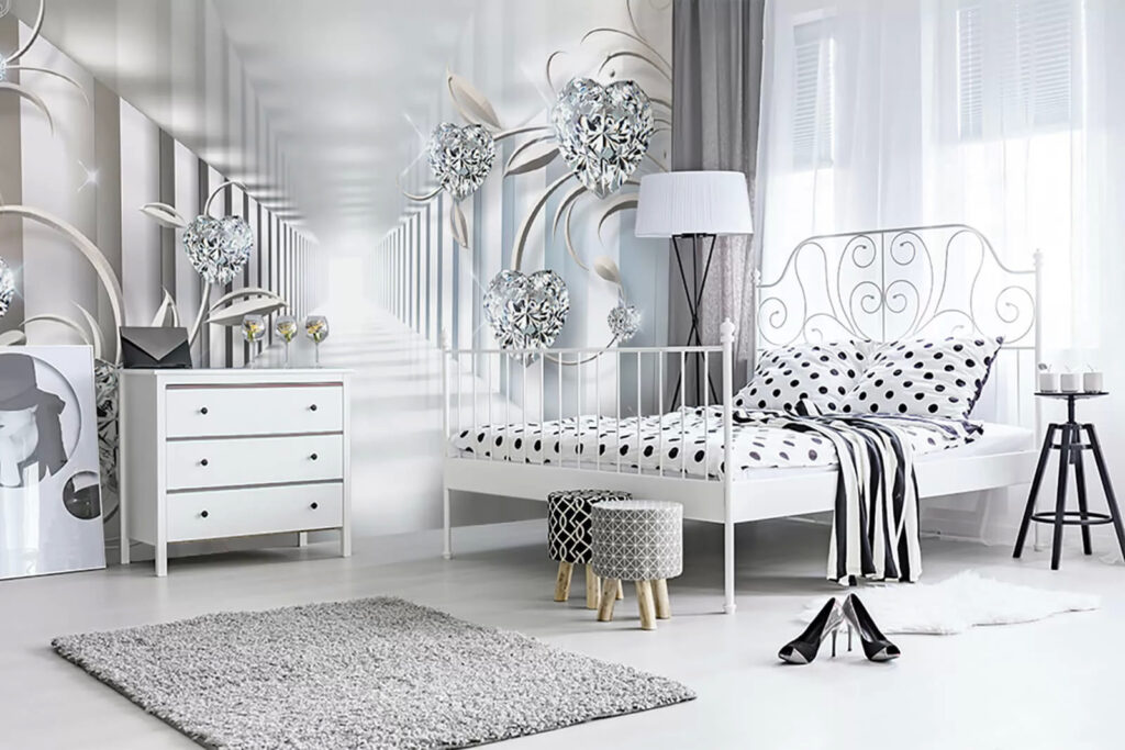 White hallway with diamonds and flowers White hallway with diamonds and flowers