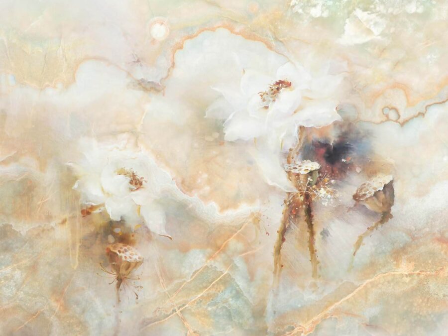 Schilderij van bloemen op een marmeren oppervlak Schilderij van bloemen op een marmeren oppervlak