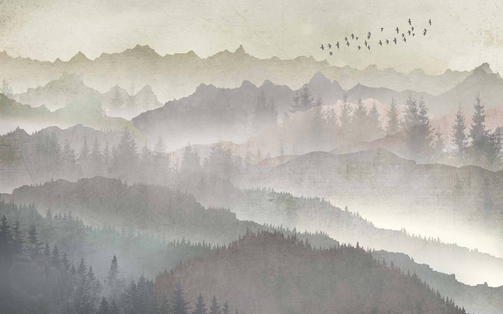 u09274p - Vogels vliegen over een bergketen - tegory